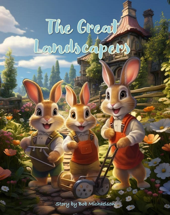 a rabbit family on our book cover, The Great Landscapers title, Rabbits, Fiction, kids fantasy story,Animals, Adventures, Friendship, Family, Bunnies, Marsh Hare, Hare, Florida Marsh, Reading, Literacy, Imagination, Adventure, kid-friendly business 